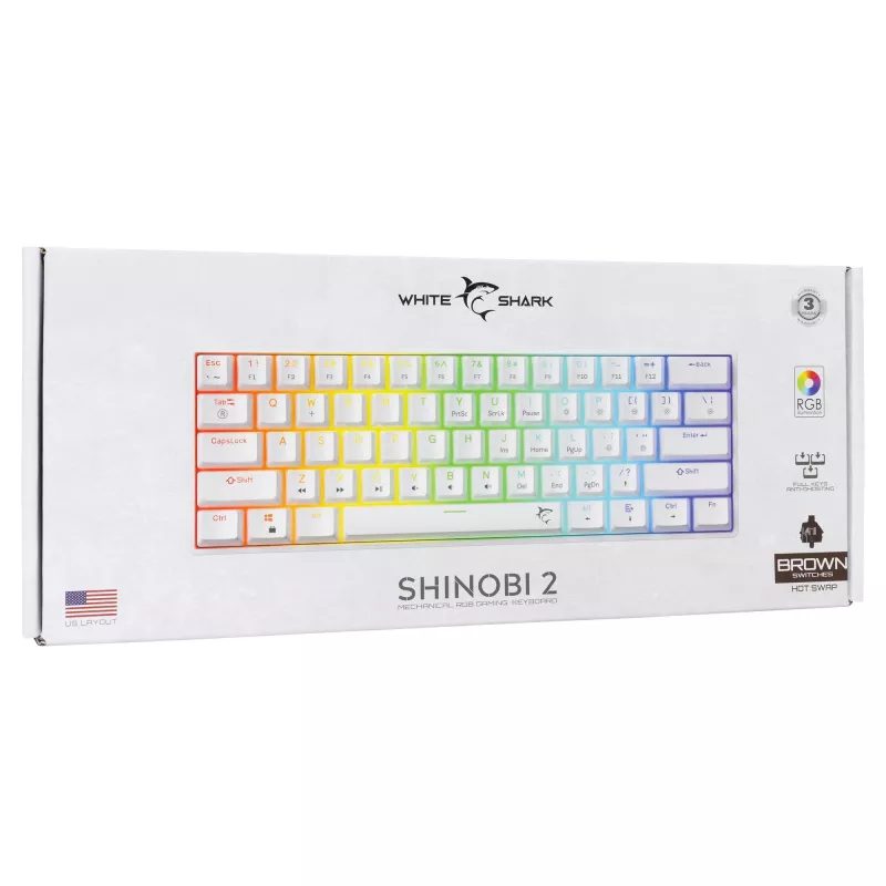Mehāniskā tastatūra White Shark Shinobi-2 ar Brūnajiem slēdžiem, US izkārtojums — kompakts dizains, Brūnie slēdži