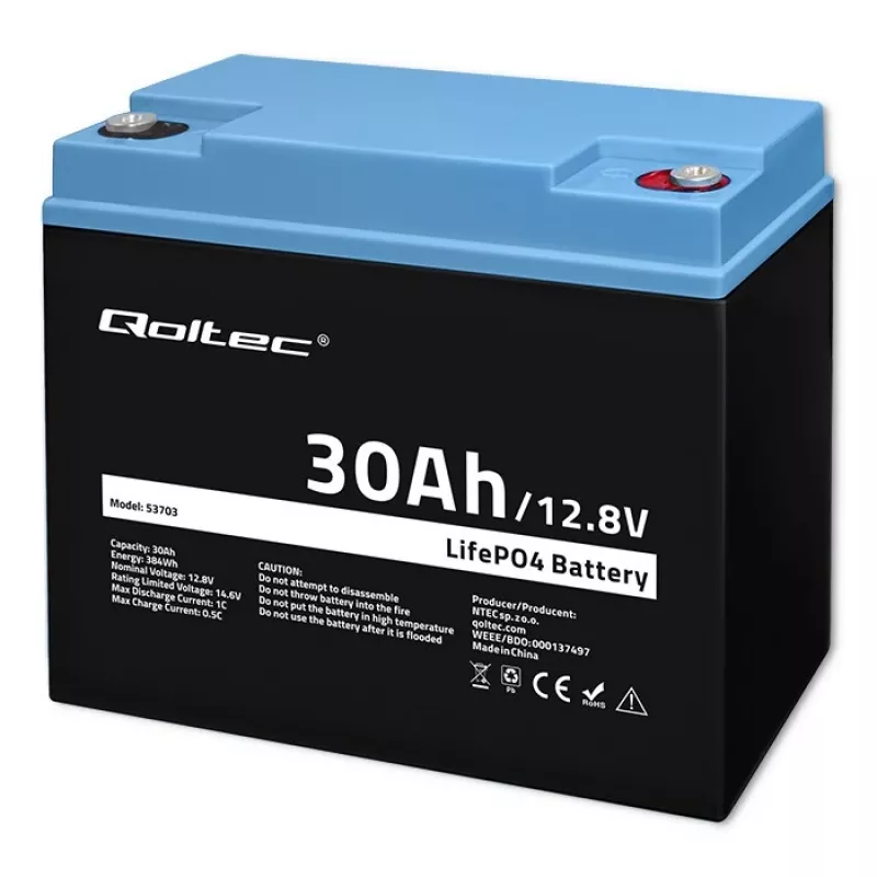 Uzlādējama LiFePO4 baterija QOLTEC 12.8V 30Ah 384Wh ar BMS