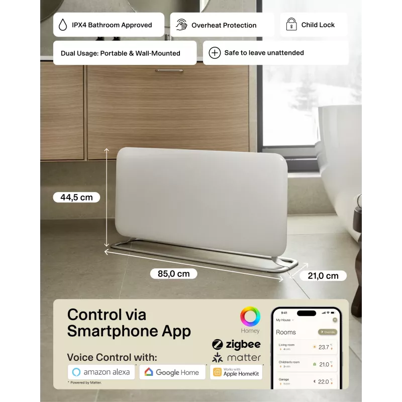 Mill WiFi paneļu sildītājs | PA1500WIFI4A | Paneļu sildītājs | 1500 W | Piemērots telpām līdz 22 m² | Balts | IPX4
