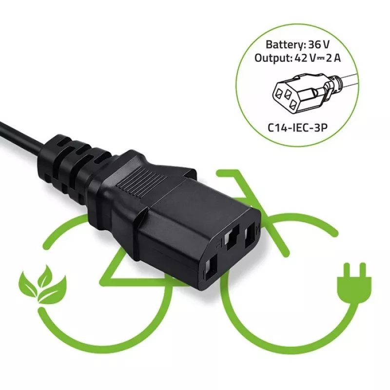 Lādētājs QOLTEC 36V–42V 2A ar C14 IEC 3-pin savienotāju e-velosipēdu akumulatoriem