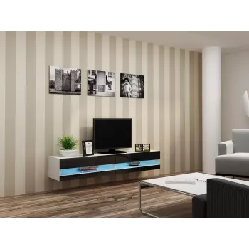 TV statīvs Cama Meble VIGO NEW 30/180/40, balta virsma, melns spīdīgs rāmis, 1800×400×300 mm