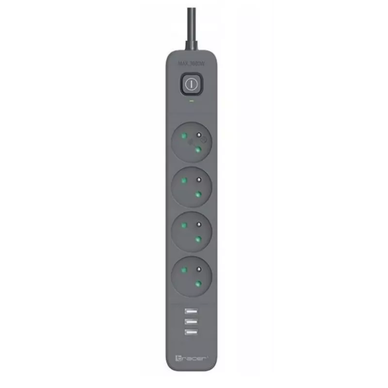 TRACER Power Line+ mobilais pārsprieguma aizsargs ar pagarinātāju 1,5 m (4 kontaktligzdas + 3x USB A, 5V 2,4A)