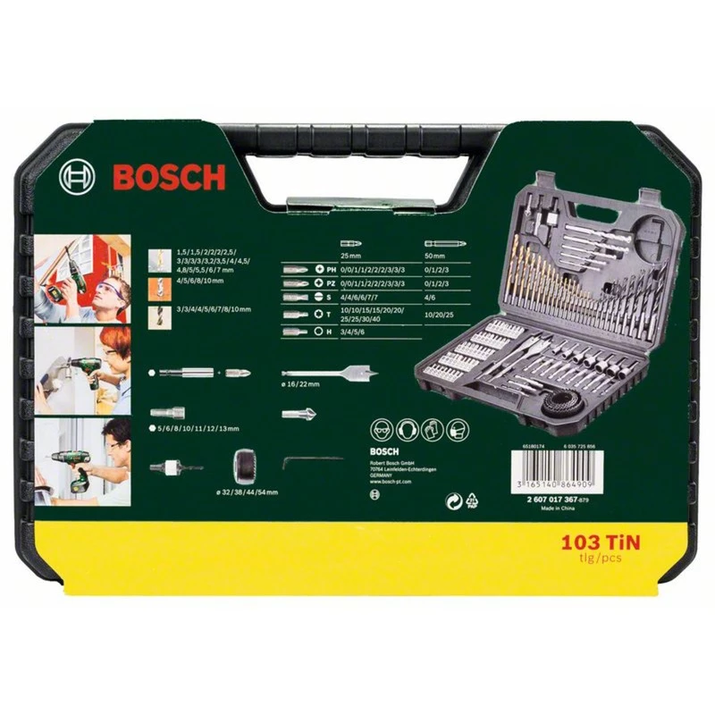 Piederumu komplekts Bosch V-Line 103 gab. — Bosch 103 detaļu urbju un skrūvgriežu piederumu komplekts