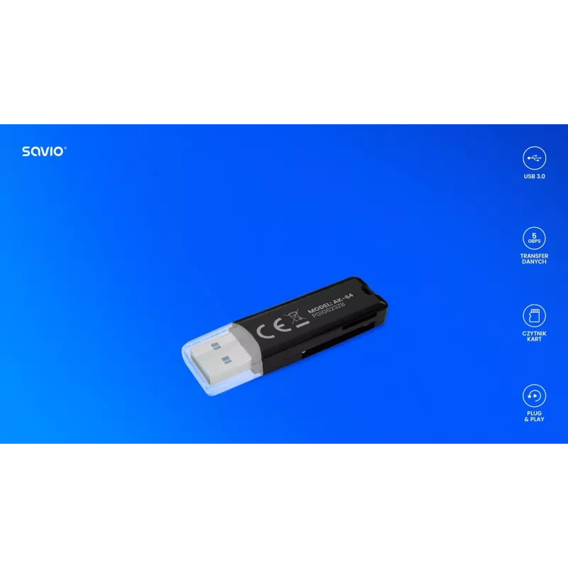 Karšu lasītājs SAVIO AK-64 USB 3.2 Gen 1 Type-A izeja, MicroSD slots, 5000 Mbit/s, melns