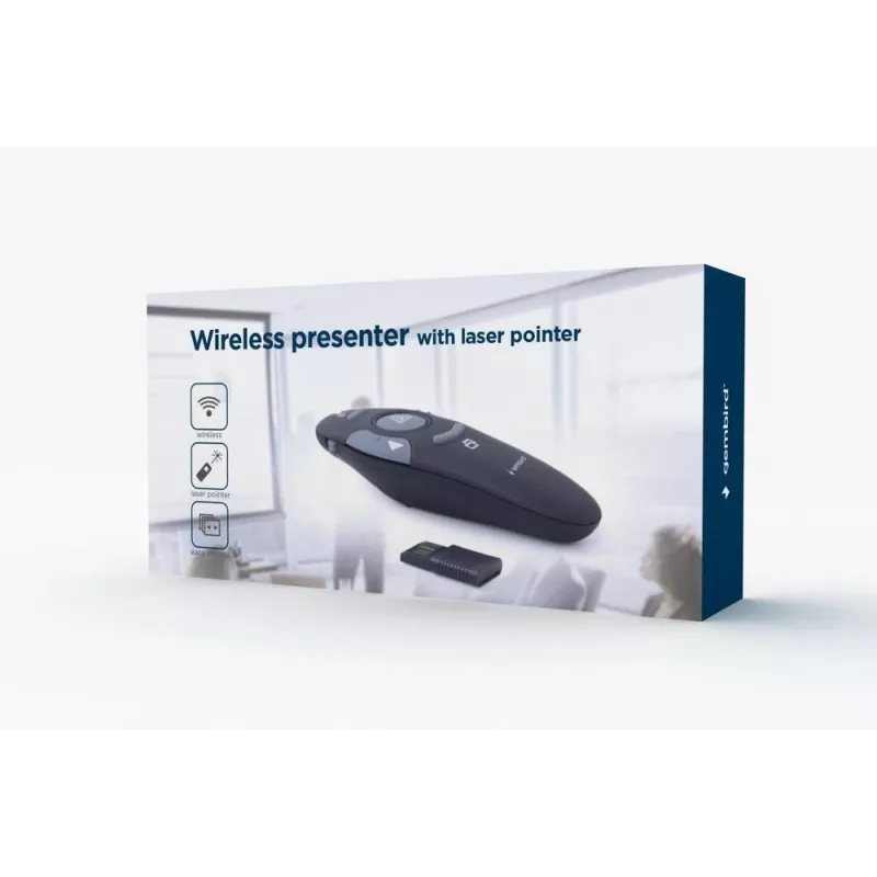 GEMBIRD bezvadu IR prezentētājs WP-L-11, 4 pogas, 2,4 GHz RF USB uztvērējs, melns, AAA baterija