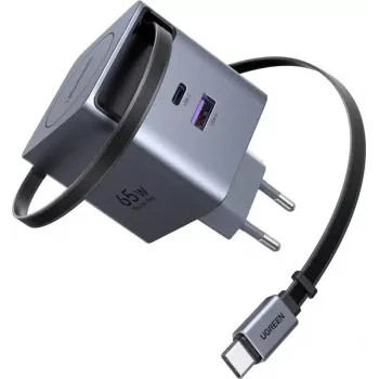 UGREEN X615 65W GaN ātrais lādētājs ar 1x USB-C, 1x USB-A un ievelkamu kabeli (modelis 65825)