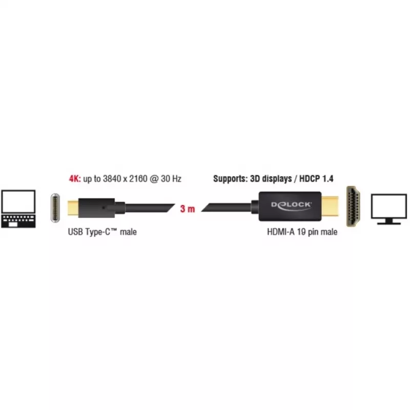 Video kabeļa adapteris DeLOCK 85260 USB Type-C HDMI 3 m Melns