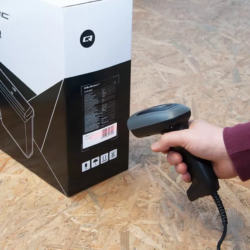 Rokas svītrkodu lasītājs QOLTEC 50863 — 1D/2D skeneris, USB vadu savienojums, LED sensors, melns, 5V, 1,8 m kabelis