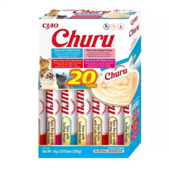 Mitrs kaķu kārums INABA Churu 20 x 14 g — tuncis un jūras velšu garšas putas tūbiņās