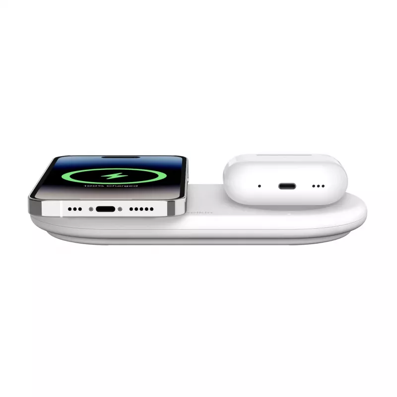 Belkin WIZ021VFWH - 2 vienā bezvadu uzlādes paliktnis ar Qi2 tehnoloģiju 15 W, balts
