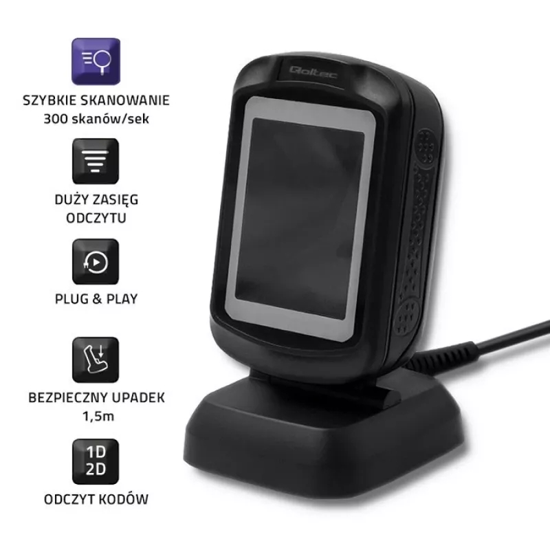 Fiksēts 1D/2D svītrkodu lasītājs QOLTEC 50864, LED sensors, USB vadu savienojums, melns, 145×85×80 mm
