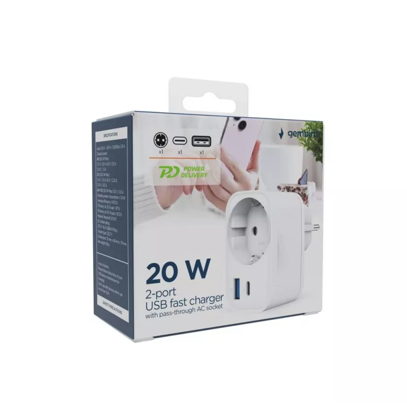 LĀDĒTĀJS USB UNIVERSĀLS 20W BALTS/2P AC TA-ACPDQC20-01-W GEMBIRD