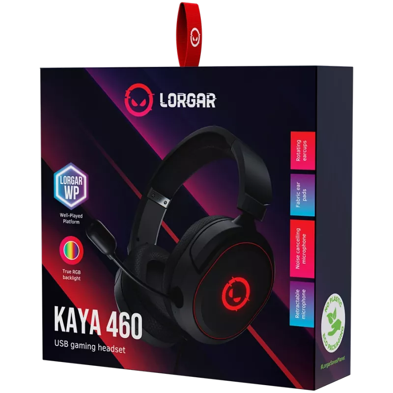LORGAR Kaya 460, USB spēļu austiņas ar mikrofonu, CM108B, RGB fona apgaismojums, Plug&Play, USB-A savienojuma kabelis 2m, auduma ausu spilventiņi, izmērs: 192*184.7*88mm, 0.329kg, melns