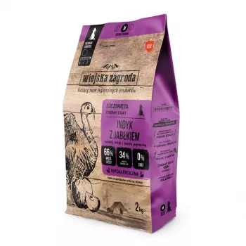 Sausā suņu barība wiejskazagroda Indyk ar ābolu, tītara recepte, pilnbarība pieaugušiem suņiem, 2 kg, bez graudiem