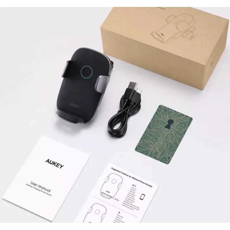 Bezvadu uzlādes telefona turētājs automašīnā Aukey HD-C52 — Qi saderīgs regulējama leņķa automašīnas telefona turētājs ar bezvadu uzlādi