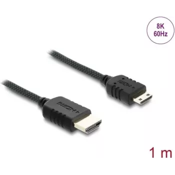 HDMI kabelis DELOCK 81687 — 1 m, HDMI Type A (vīrišķais) uz HDMI Type C (Mini, vīrišķais), 48 Gbit/s, līdz 7680×4320, apzeltīti kontakti, melns