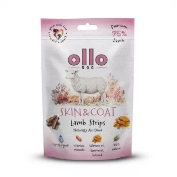 Suņu kārums OLLO Air-Dried Skin & Coat Lamb Strips 80 g — gaisā kaltēti jēra gardumi, hipoalerģisks našķis ādas un apmatojuma veselībai
