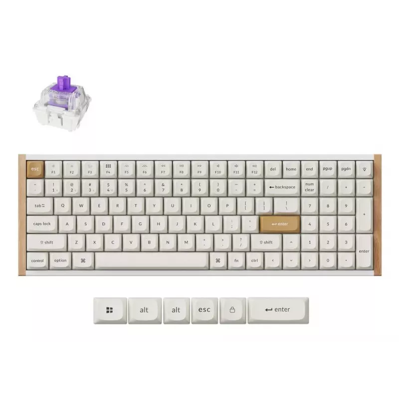 Mehāniskā tastatūra Keychron K4 HE 96% QWERTY — USB, RF bezvadu un Bluetooth, 100 taustiņi, RGB, balta/koka
