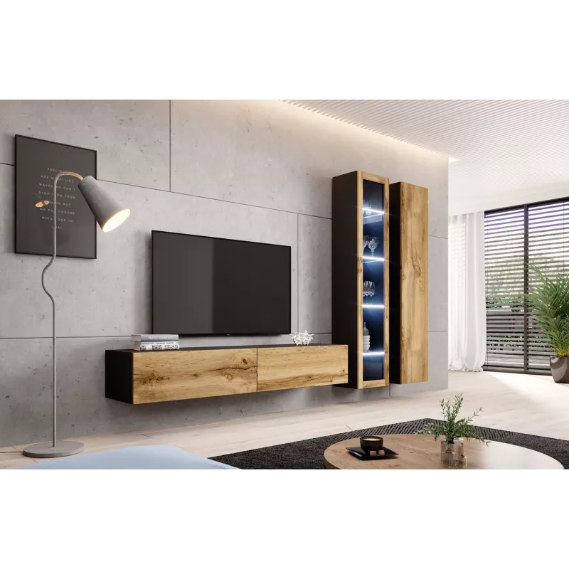 Vitrīna Cama Meble VIGO 180 pie sienas stiprināma stikla vitrīna 1800×400×300 mm melna/wotan ozols