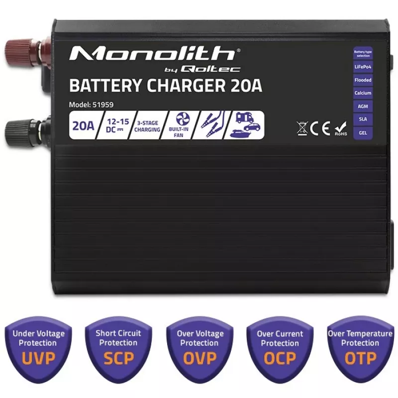 Lādētājs QOLTEC Monolith 20A 12V LiFePO4, AGM, GEL, SLA akumulatoriem