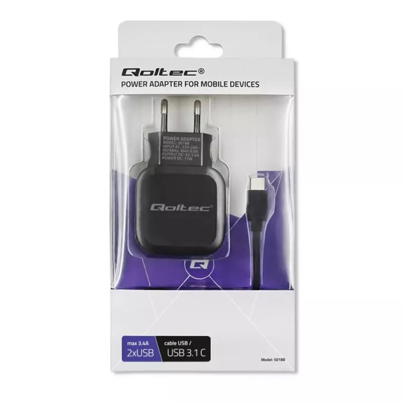 Qoltec 50188 mobilās ierīces lādētājs Klēpjdators, Viedtālrunis, Viedpulkstenis, Planšete, Telefons, Universāls Melns AC, DC Iekštelpām