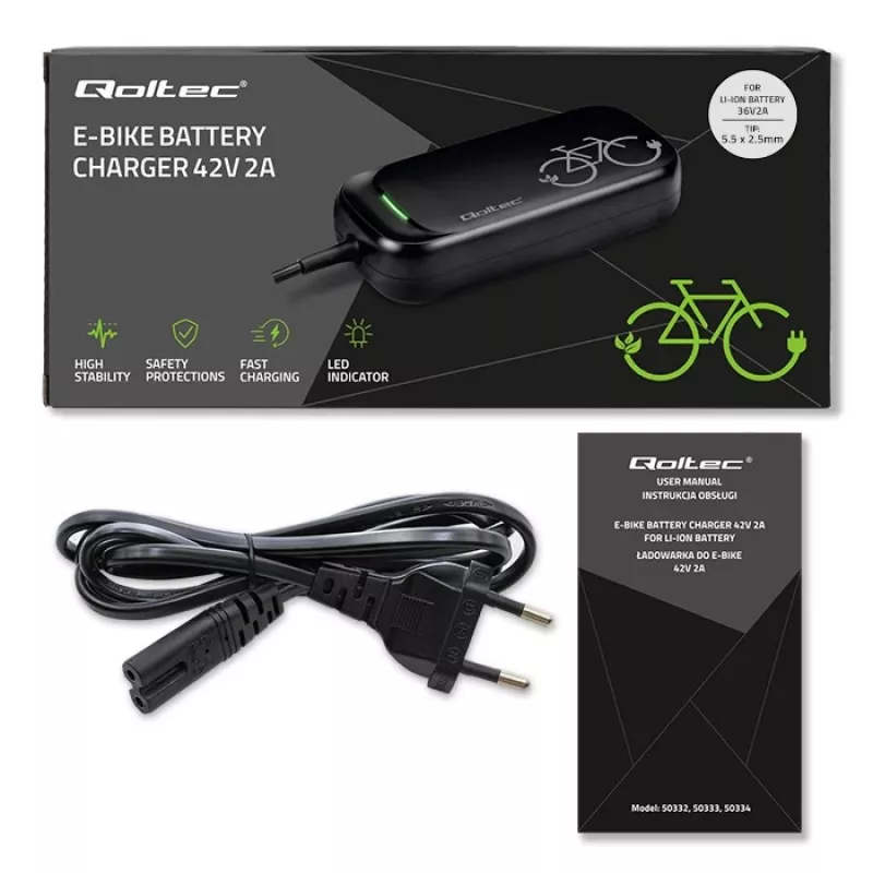 Qoltec ātrais lādētājs 36V elektriskajiem skrejriteņiem un velosipēdiem | 42V | 2A | 5.5*2.5 | ūdensizturīgs + strāvas kabelis