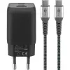 USB-C Ātrais lādētājs Nano, PD, GaN, 65 W, USB-C pīts kabelis (melns, 1x USB-A, 2x USB-C PD, Quick Charge 3.0, 1 metra kabelis)