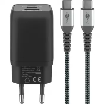 USB-C Ātrais lādētājs Nano, PD, GaN, 65 W, USB-C pīts kabelis (melns, 1x USB-A, 2x USB-C PD, Quick Charge 3.0, 1 metra kabelis)