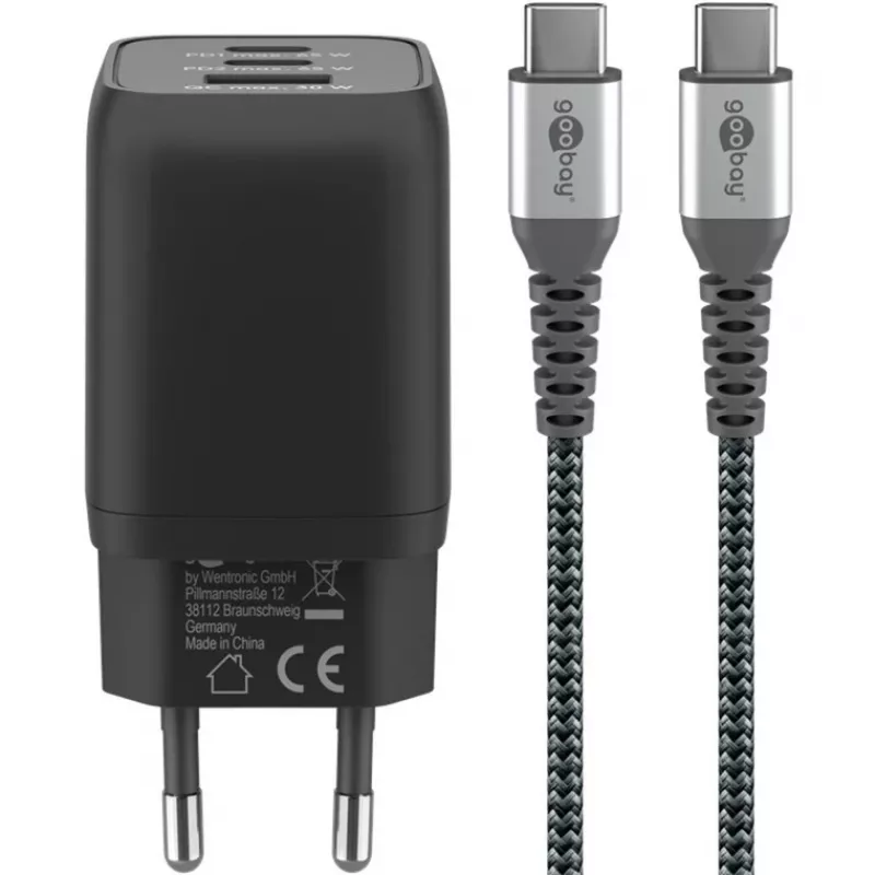 USB-C Ātrais lādētājs Nano, PD, GaN, 65 W, USB-C pīts kabelis (melns, 1x USB-A, 2x USB-C PD, Quick Charge 3.0, 1 metra kabelis)