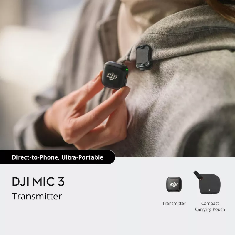 Bezvadu pie korpusa piestiprināms raidītājs DJI MIC 3 — kompakts pārnēsājams mikrofonu raidītājs, melns/pelēks