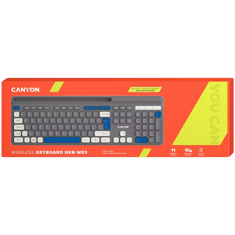 Bezvadu tastatūra CANYON HKB-W03 pelēka — kompakts dizains, darbināma ar AAA bateriju, modelis CNS-HKBW03DG