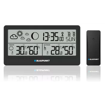 Laika stacija BLAUPUNKT WS20BK — iekštelpu/āra temperatūras un mitruma displejs, melna, 1 sensors, LCD, darbināma ar baterijām