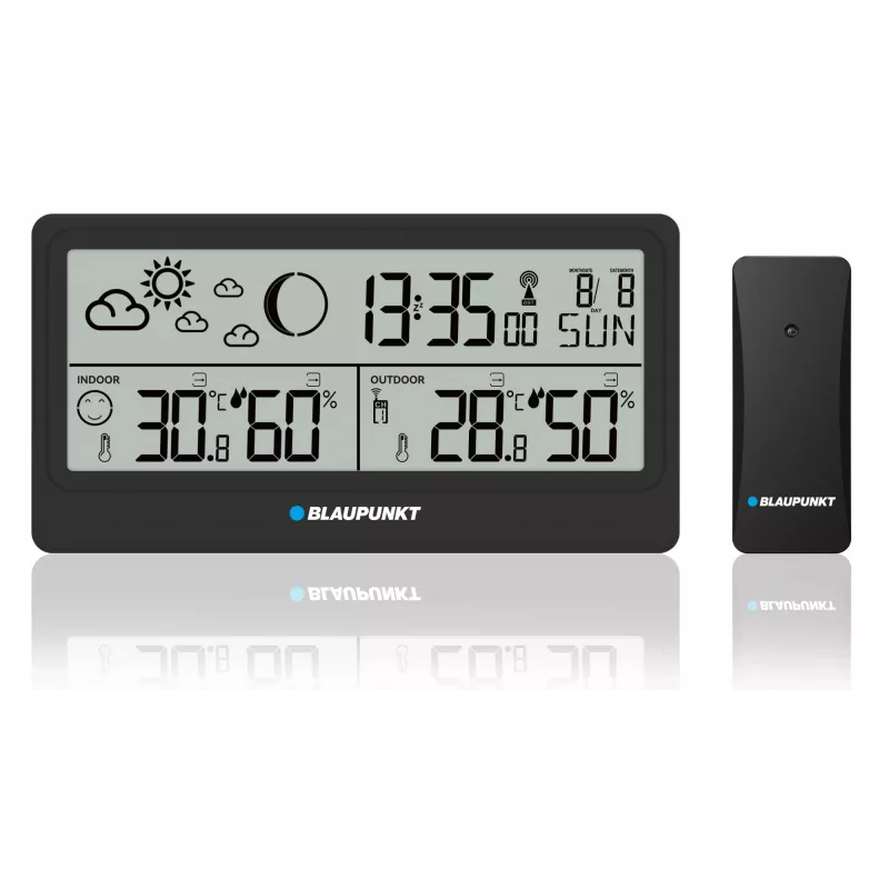 Laika stacija BLAUPUNKT WS20BK — iekštelpu/āra temperatūras un mitruma displejs, melna, 1 sensors, LCD, darbināma ar baterijām