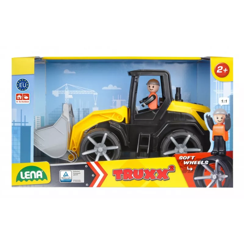 Rotaļu buldozers Lena Truxx 2 atvērta kaste 04512, plastmasas celtniecības transportlīdzeklis, stumšanas spēle, kompakts izmērs