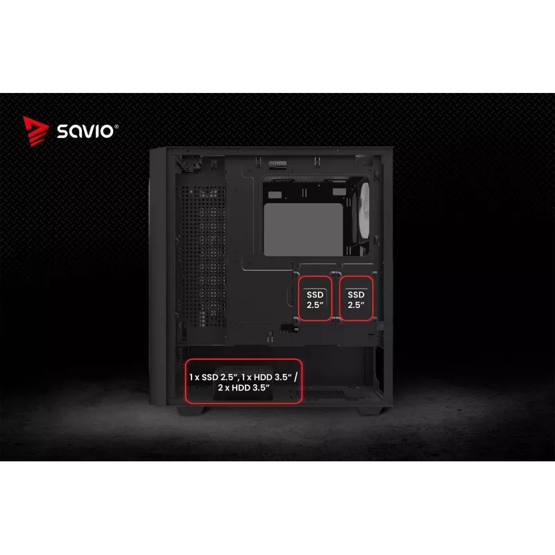 PC korpuss SAVIO Noctis Flow — Cube Mini‑ITX/Micro‑ATX/ATX, 3x120mm priekšā, 1x120mm aizmugurē, 2x3.5 collu + 3x2.5 collu sloti, rūdīts stikls