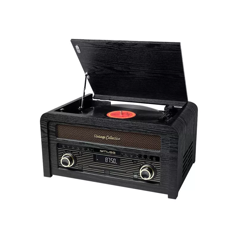 Skaņuplašu atskaņotājs muse MT-115 W — melns/zelts, 33-45-78 RPM, J formas skaņuplašu svira, rotējoša skaļuma poga, 240 V maiņstrāva