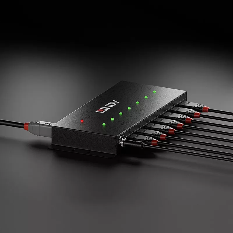 Lindy 7 pieslēgvietu USB 3.0 metāla centrmezgls, USB 3.2 Gen 1 (3.1 Gen 1) Type-A, 5000 Mbit/s, melns, 0.8 m, 185 mm, 75 mm