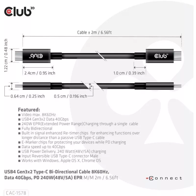 CLUB3D USB4 Gen3x2 Type-C divvirzienu kabelis 8K60Hz, Dati 40Gbps, PD 240W(48V/5A) EPR M/M 2m / 6.56ft