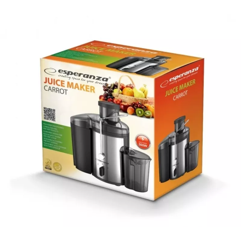 Sulu spiede ESPERANZA EKJ002 — 500 W, 0,45 L sulas tvertne, 1,5 L mīkstuma tvertne, nerūsējošais tērauds/melna