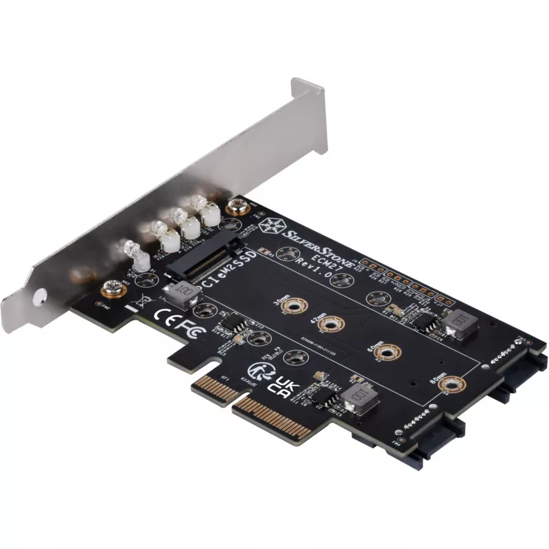 Silverstone SST-ECM27 M.2/SATA adapterkarte, PCIe 4.0, 1x M-Key, 2x SATA 6G - zema profila