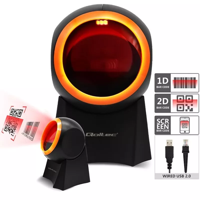 Vadu galda svītrkodu skeneris QOLTEC 50857 — 1D/2D, USB, ABS korpuss, melns, 1,75 m kabelis