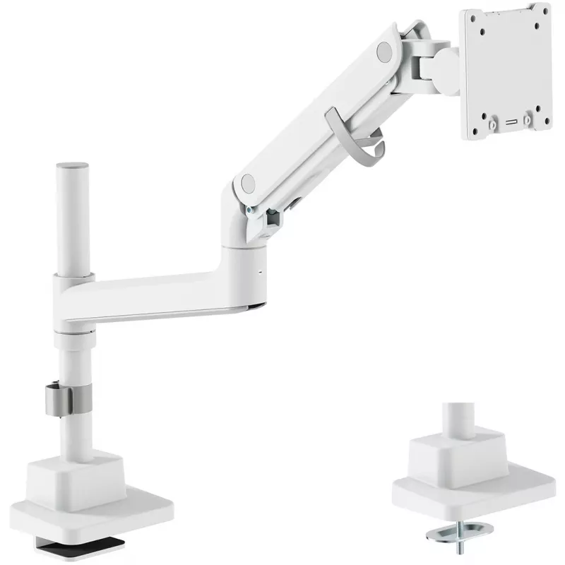 Monitora stiprinājums DIGITUS Single, skavas veida, maks. 57 collas, 27 kg ietilpība, VESA 75x75–100x100, balts