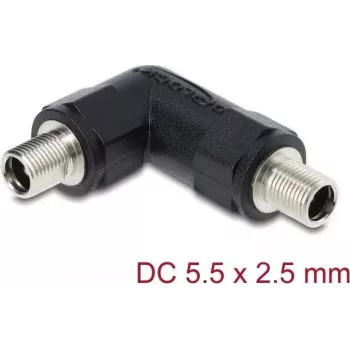 Līdzstrāvas barelu savienotāja adapteris DELOCK 5,5 x 2,5 mm, ligzda-ligzda ar vītņotu uzmavu, 90° leņķī, melns