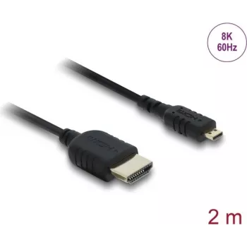 HDMI kabelis DELOCK 81691 — HDMI Type A uz Micro HDMI Type D, 2 m, 48 Gbit/s, līdz 7680×4320, apzeltīti kontakti, melns