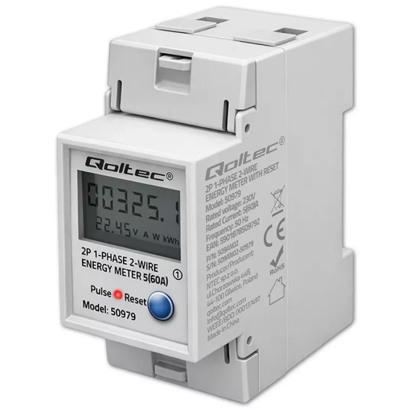 Elektrības skaitītājs QOLTEC vienfāzes DIN-iežugam 230V (MPN 50979)