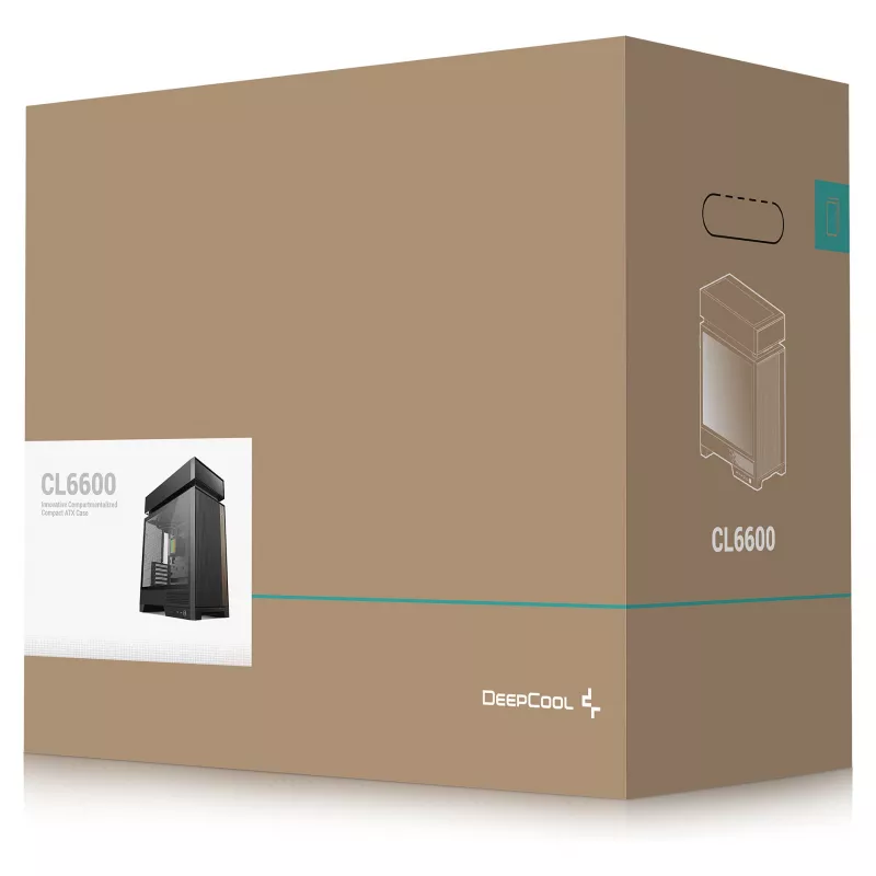 Galddatora korpuss DeepCool CL6600 Melns — atbalsta ATX/PS2/SFX/SFX-L PSU, 140 mm priekšējos ventilatorus, 120/140 mm augšējos/aizmugurējos, 2,5/3,5 collu diskus