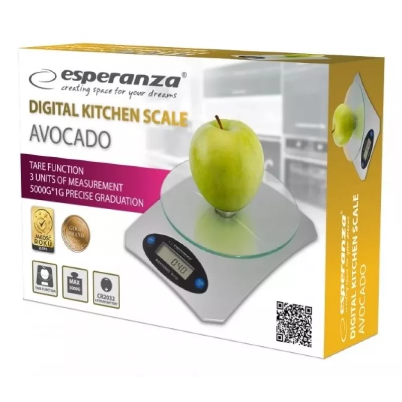 Elektroniskie virtuves svari ESPERANZA Avocado pelēka — 5 kg ietilpība, bambusa platforma, g/lb/oz mērvienības