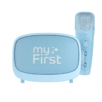 Pārnēsājams bērnu skaļrunis myFirst Voice 2 no myFirst — zils, ar baterijām darbināms bezvadu skaļrunis ar mikrofona atbalstu