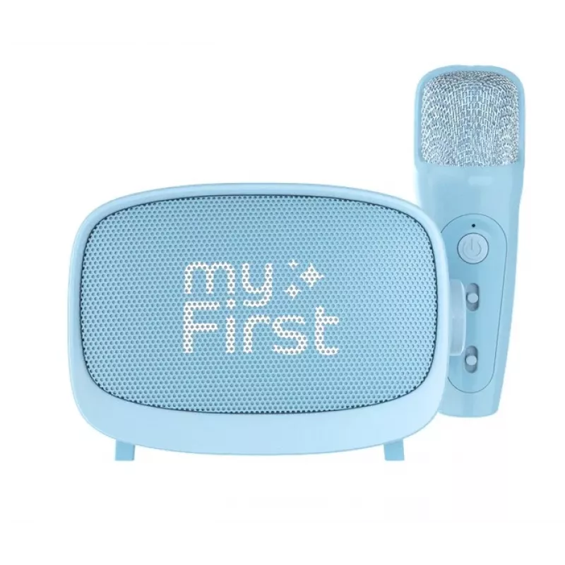 Pārnēsājams bērnu skaļrunis myFirst Voice 2 no myFirst — zils, ar baterijām darbināms bezvadu skaļrunis ar mikrofona atbalstu