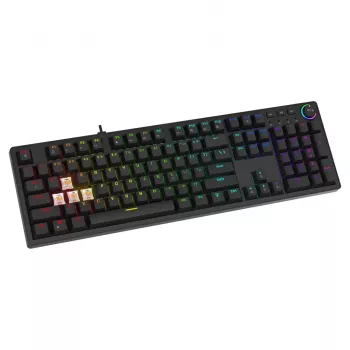 Spēļu klaviatūra SAVIO STYX BROWN — mehāniskā Outemu Brown, QZERTY US International, RGB, USB, pilna izmēra 104 taustiņi, melna